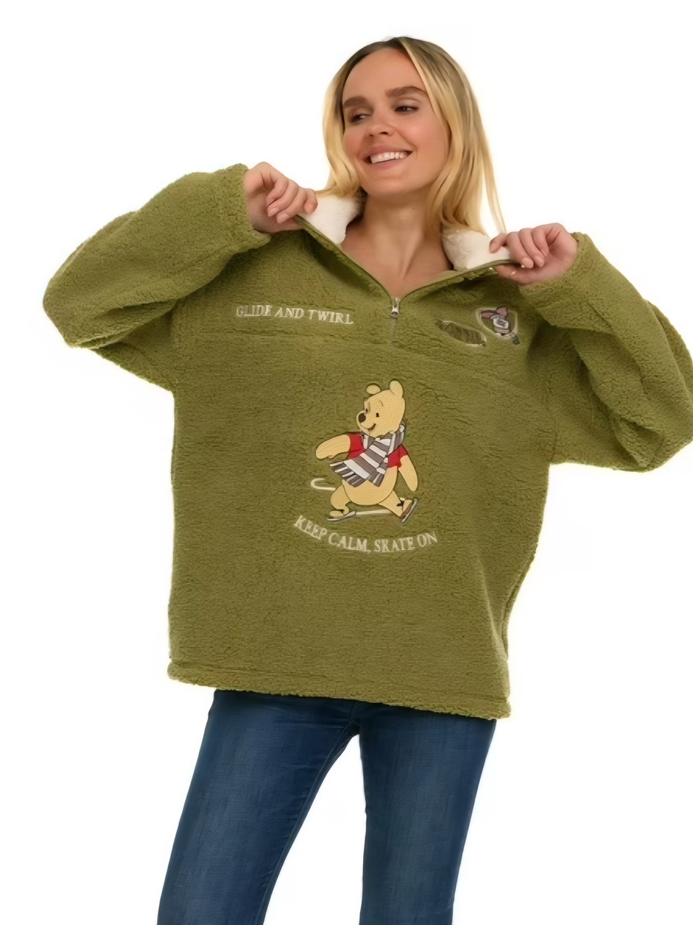 Disney Women Olive Green Plush Half-Zip Sweater with Winnie the Pooh Graphic XL